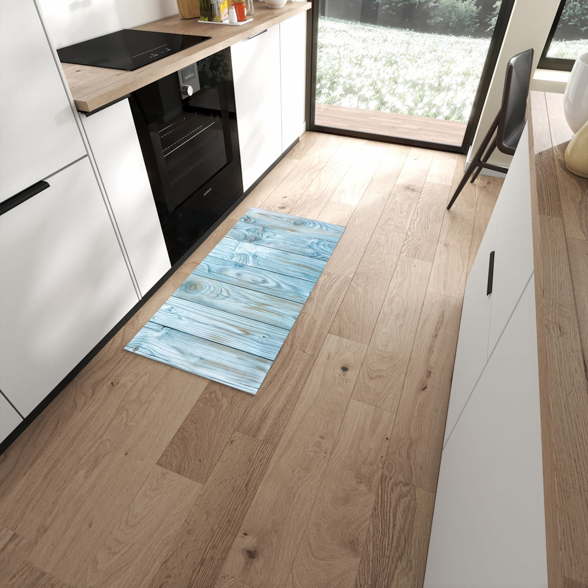 Komfortabler Küchenteppich mit Motiv Holzbretterdekor in moderner Küche #grösse_60 x 120 cm