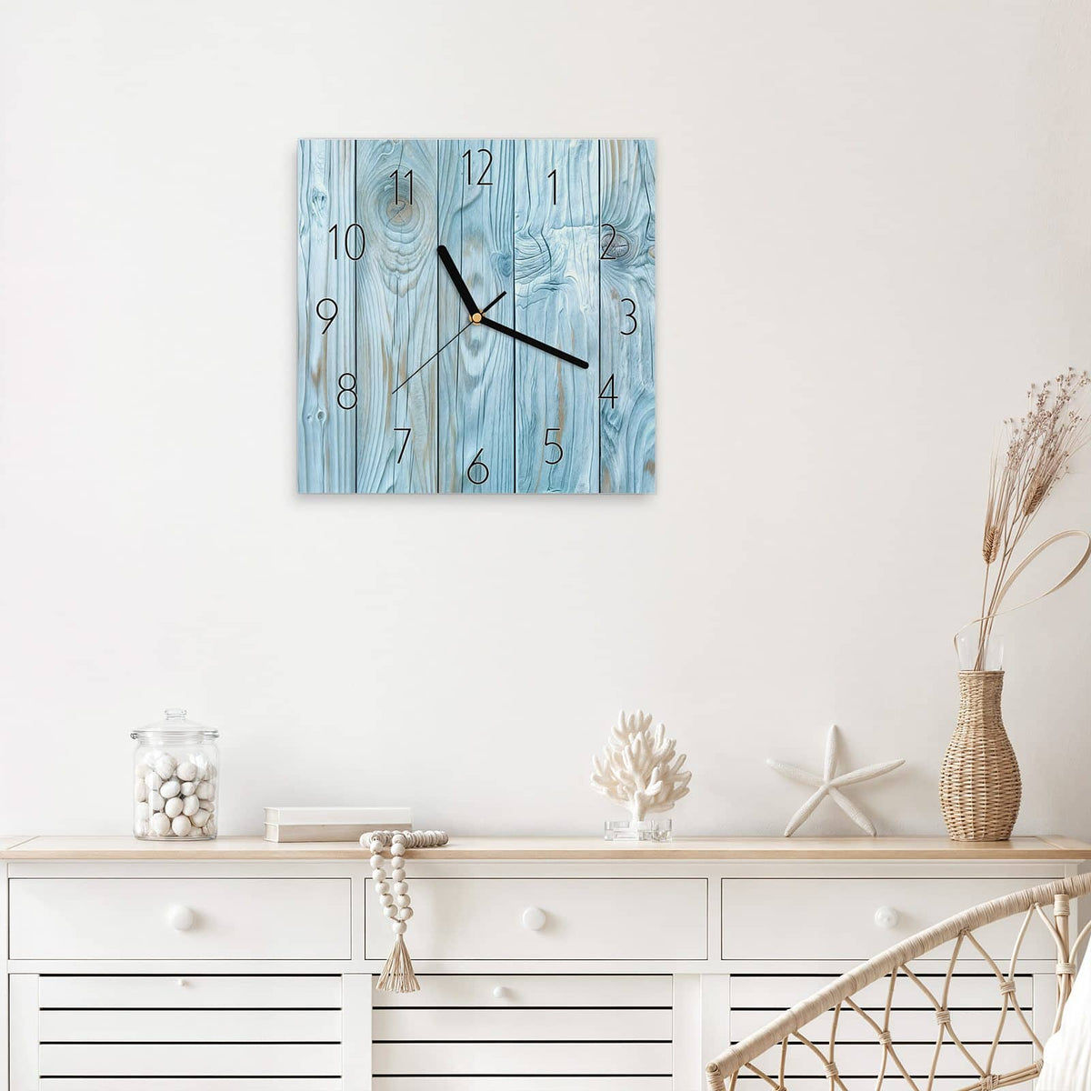 Wanduhr Hellblaue Holzbretter aus Glas – Quadratisch 30 × 30 cm – Hellblaue Bretter mit kräftiger Maserung