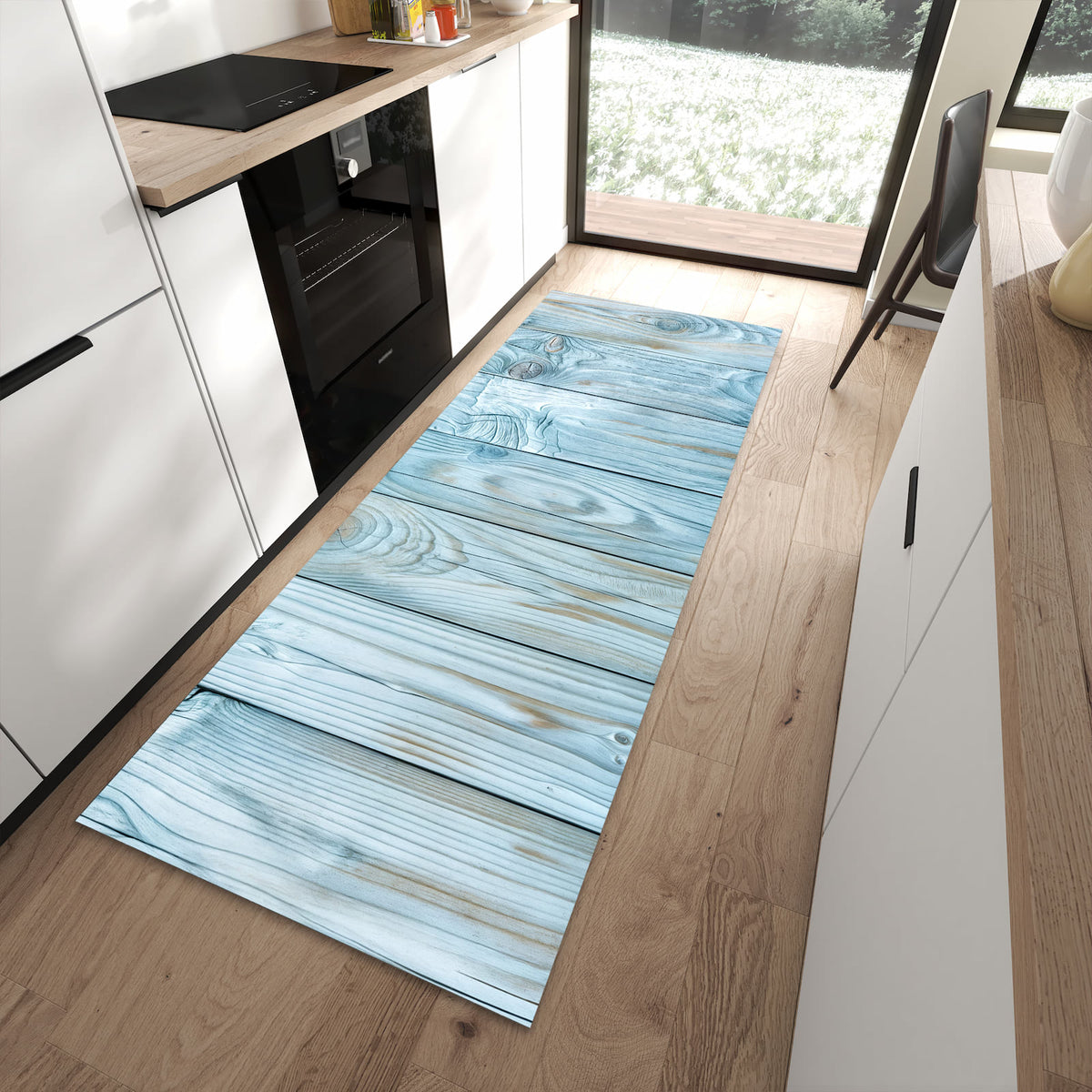 Bodenschonender langer Teppich mit Motiv Holzbretterdekor in moderner Küche