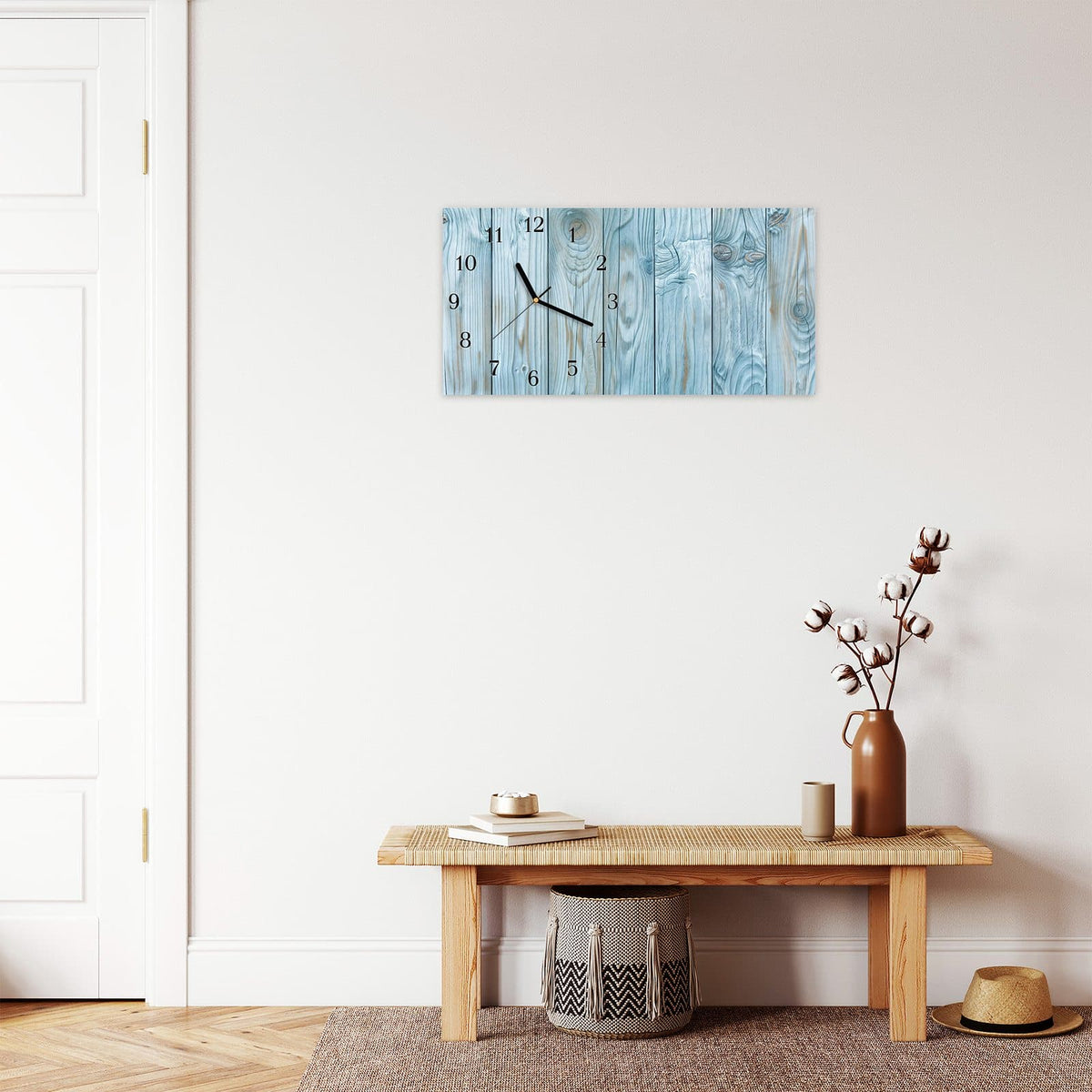 Moderne Wanduhr aus Glas mit Farbtiefe – Wanduhr Holzbretterdekor aus Glas – Querformat 60 × 30 cm