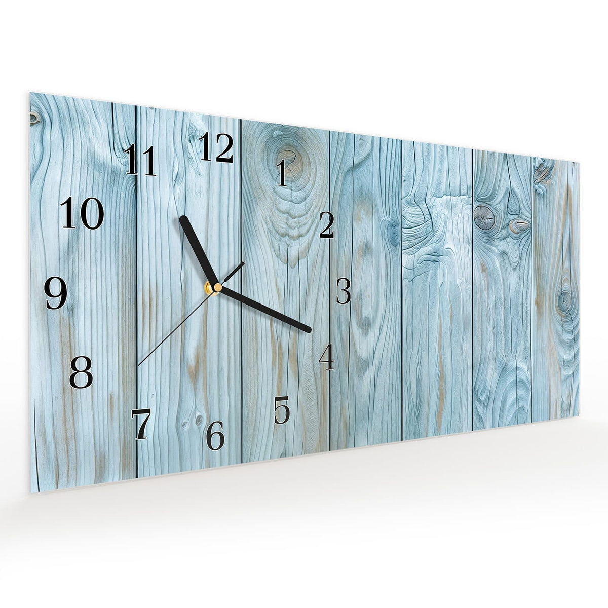 Vormontiert – mit Schwebeeffekt – Wanduhr Holzbretterdekor aus Glas – Querformat 60 × 30 cm