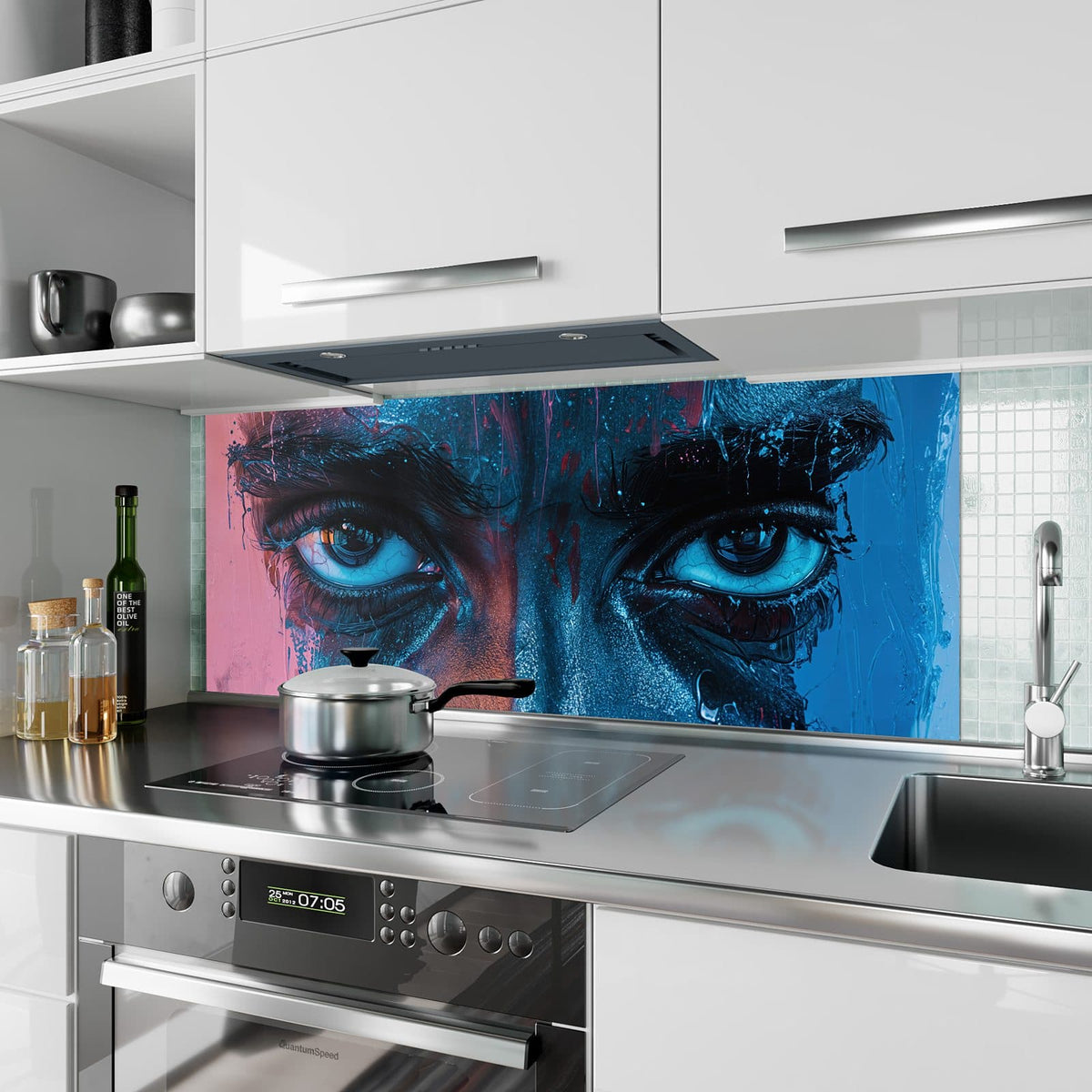 Küchenrückwand aus Glas Gemaltes Auge in Blau im Hochformat als Spritzschutz hinter dem Kochfeld, über dem Fliesenspiegel montiert