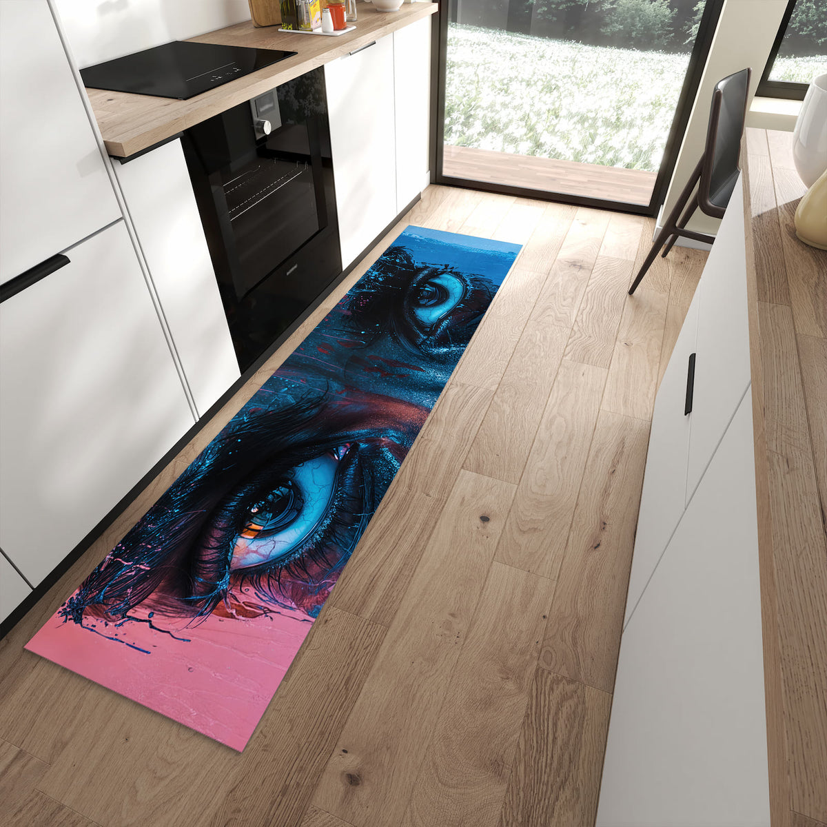 Abriebfester moderner Küchenläufer mit Motiv Blick ins Unbekannte in moderner Küche