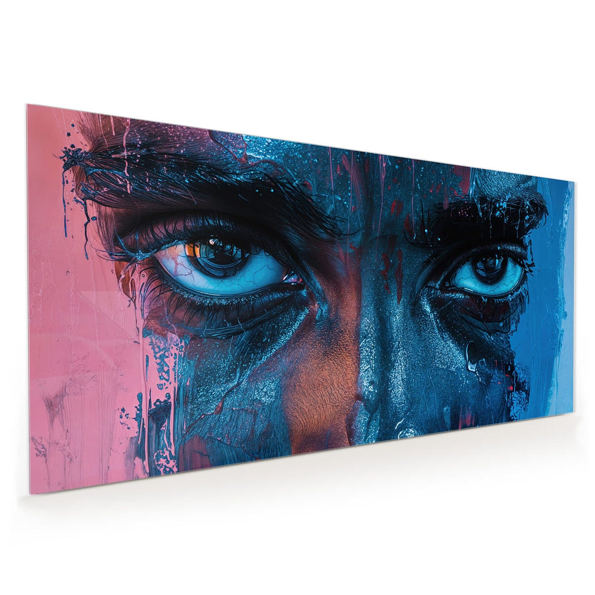 Küchenrückwand aus Glas im Hochformat: Halbes gemaltes Gesicht in Blau mit einem großen Auge und laufender Farbe
