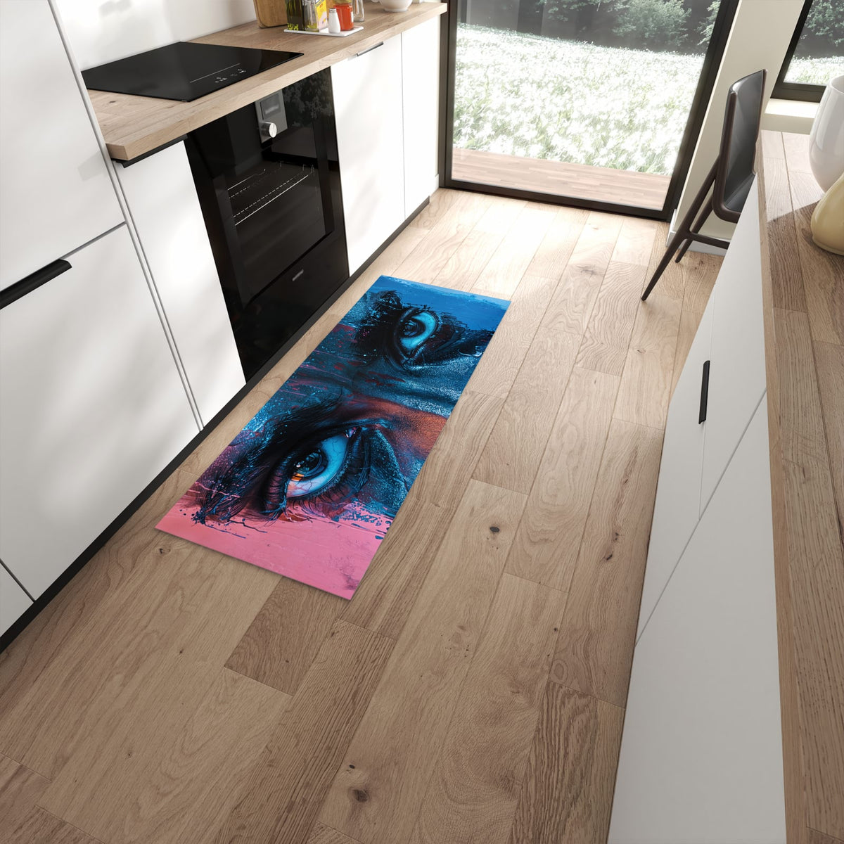 Zeitsparender Küchenläufer nach Maß mit Motiv Blick ins Unbekannte in moderner Küche #grösse_60 x 150 cm