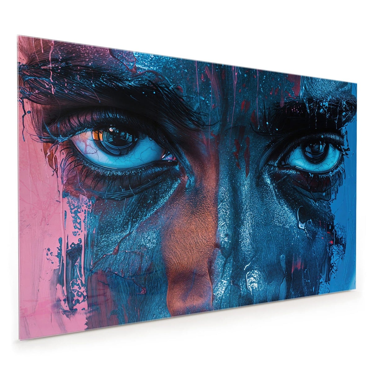 Küchenrückwand aus Glas im Hochformat: Halbes gemaltes Gesicht in Blau mit einem großen Auge und laufender Farbe