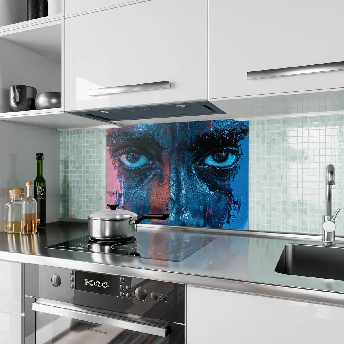 Küchenrückwand aus Glas Gemaltes Auge in Blau im Hochformat als Spritzschutz hinter dem Kochfeld, über dem Fliesenspiegel montiert