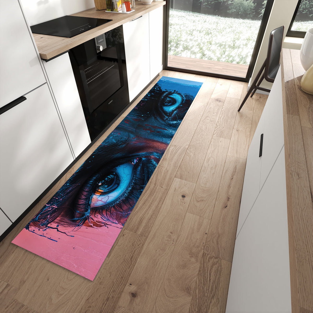 UV-beständiger abwaschbarer Küchenläufer mit Motiv Blick ins Unbekannte in moderner Küche