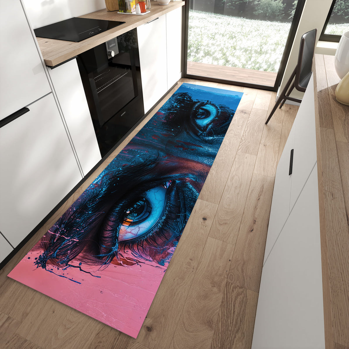 Geruchsneutraler Küchenteppich mit Motiv Blick ins Unbekannte in moderner Küche