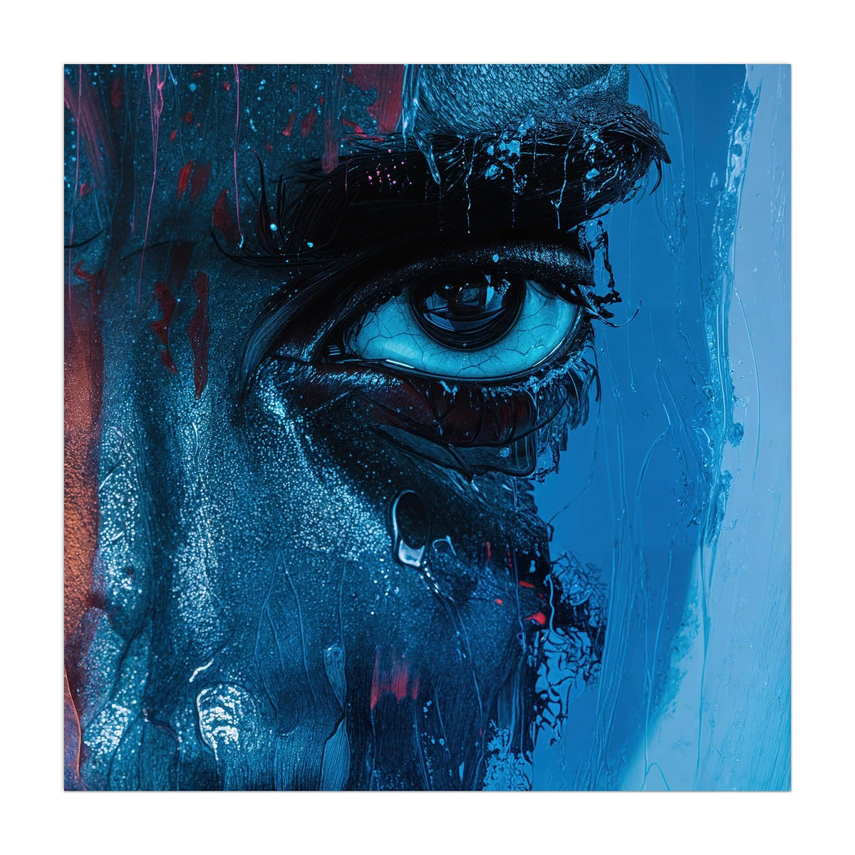 Halbes gemaltes Gesicht in Blau mit einem großen Auge und laufender Farbe