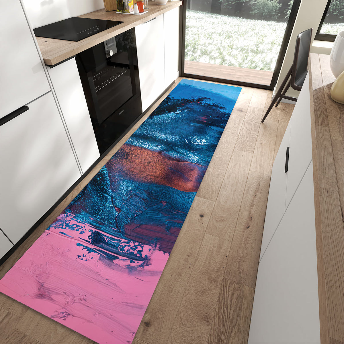 Langlebiger Küchenteppich mit Motiv Blick ins Unbekannte in moderner Küche