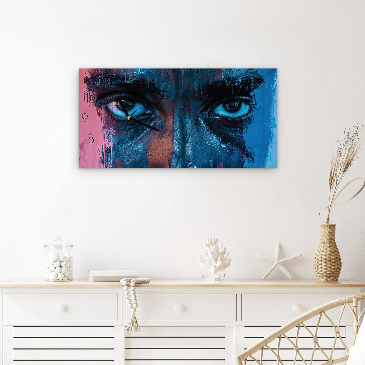 Wanduhr Blick ins Unbekannte aus Glas – Querformat 60 × 30 cm – Blaue Augen im abstrakten Farbstrom