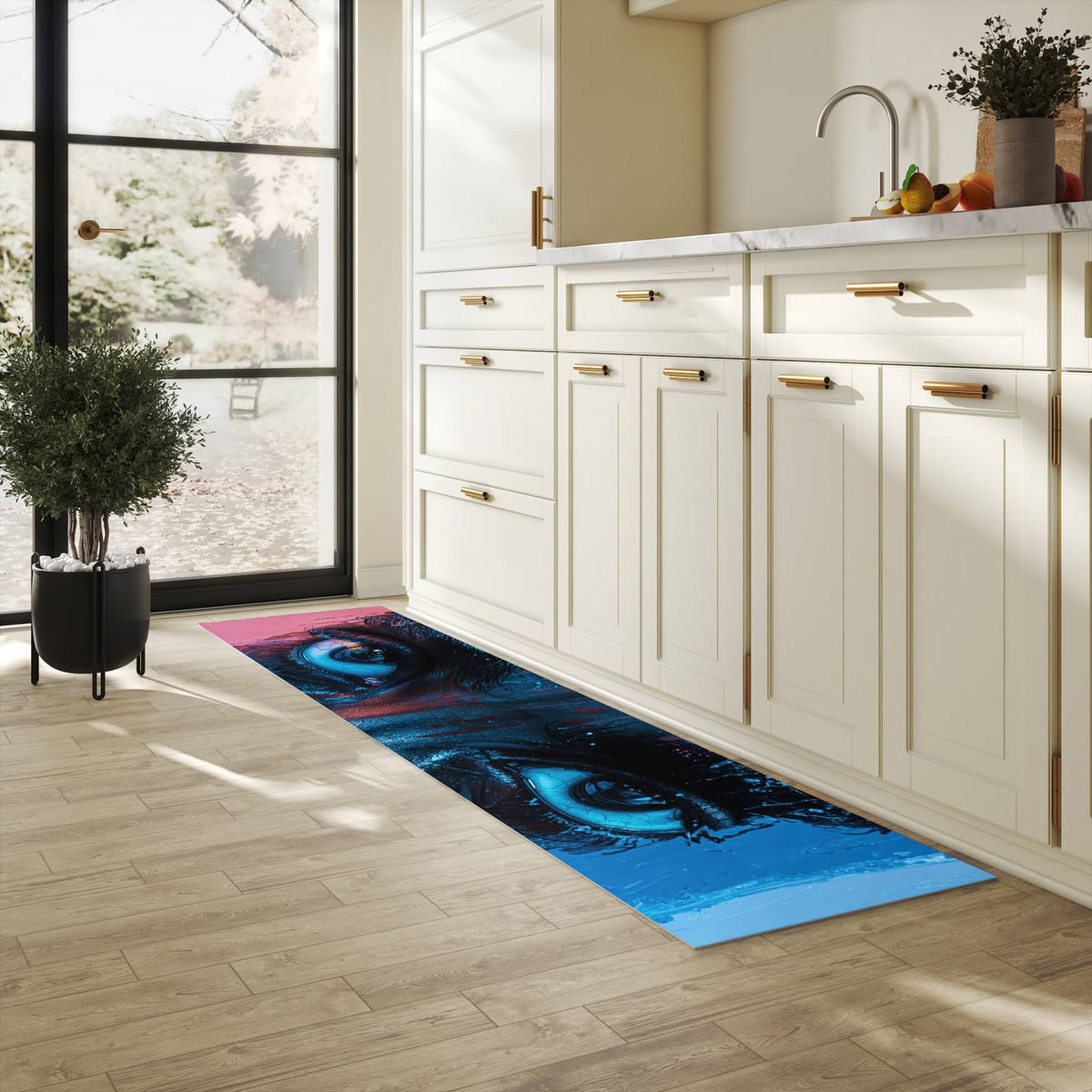 Zeitsparender Küchenteppich mit Motiv Blick ins Unbekannte in heller Küche