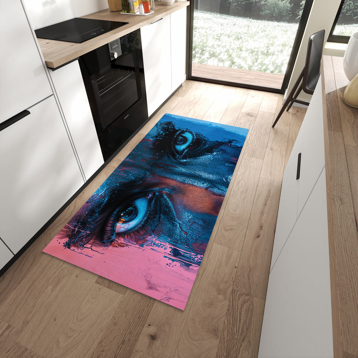 Flacher Küchenteppich mit Motiv Blick ins Unbekannte in moderner Küche