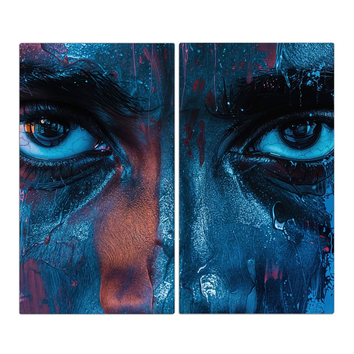 Halbes gemaltes Gesicht in Blau mit einem großen Auge und laufender Farbe