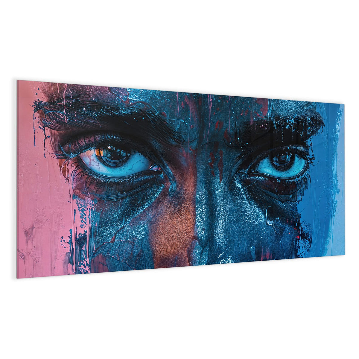 Halbes gemaltes Gesicht in Blau mit einem großen Auge und laufender Farbe