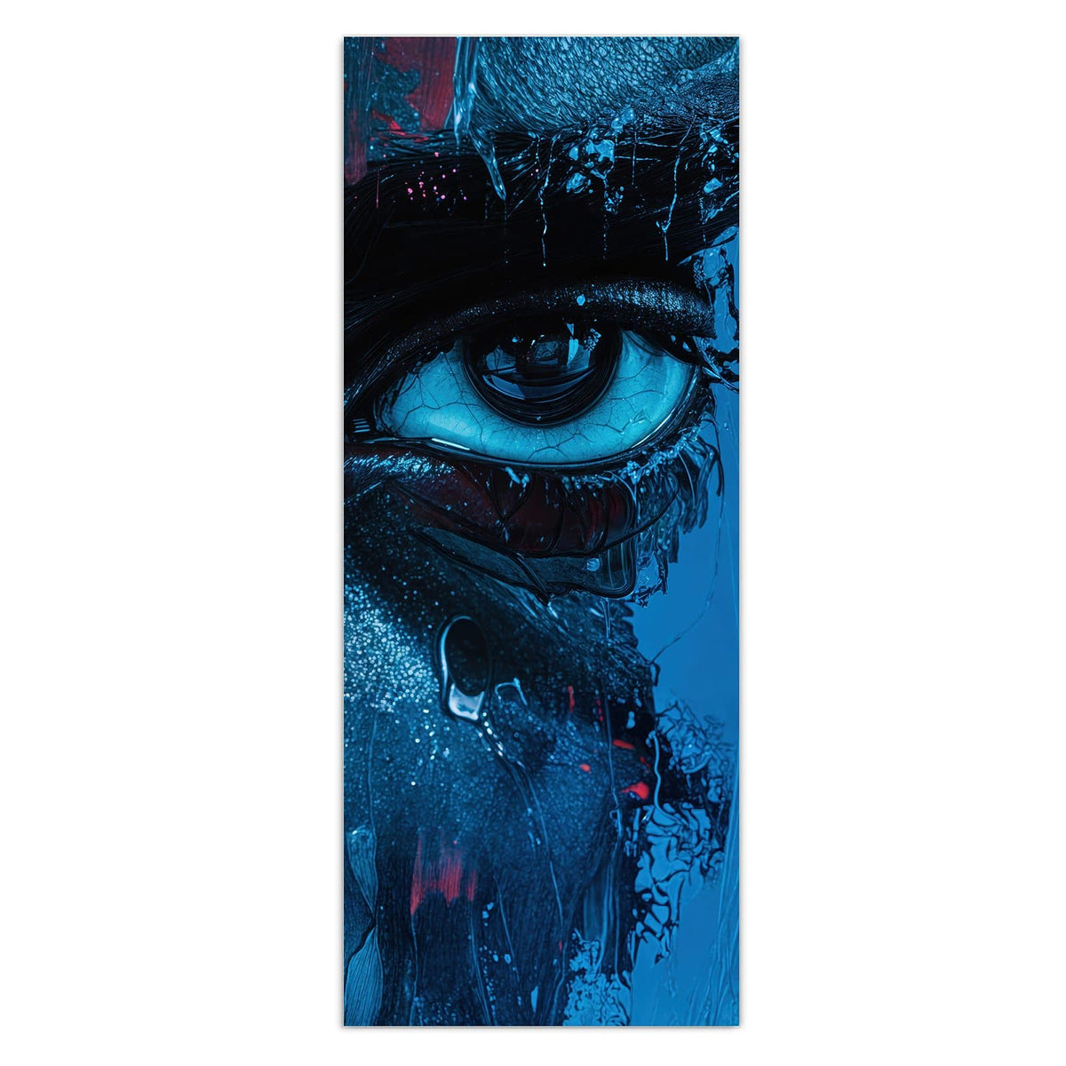Halbes gemaltes Gesicht in Blau mit einem großen Auge und laufender Farbe