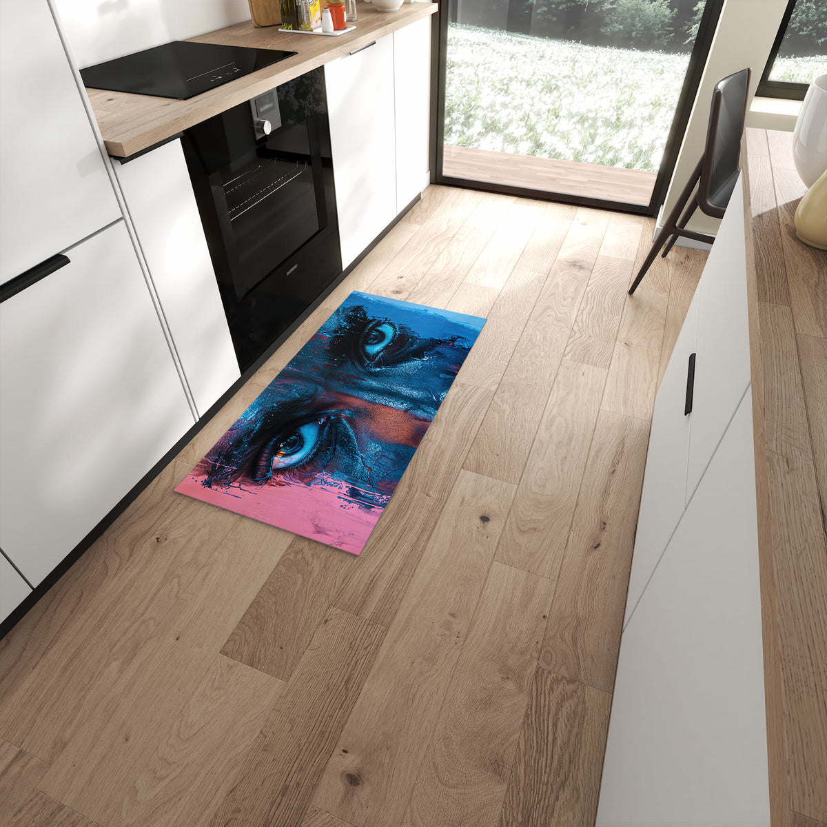 Sicherer Küchenläufer mit Motiv Blick ins Unbekannte in moderner Küche #grösse_60 x 120 cm