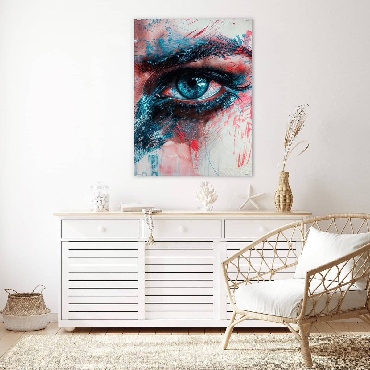 Aufhängung liegt bei – Motiv später wechselbar – Wandbild - Auge in Blau und Rot - Hochformat