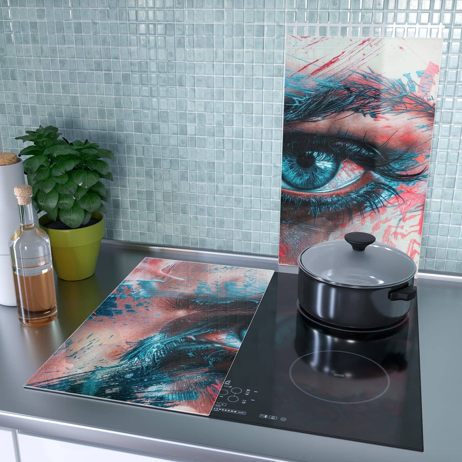 2-teilige Herdabdeckplatte mit Kunstvolle Augen-Motiv als Spritzschutz hinter dem Kochfeld