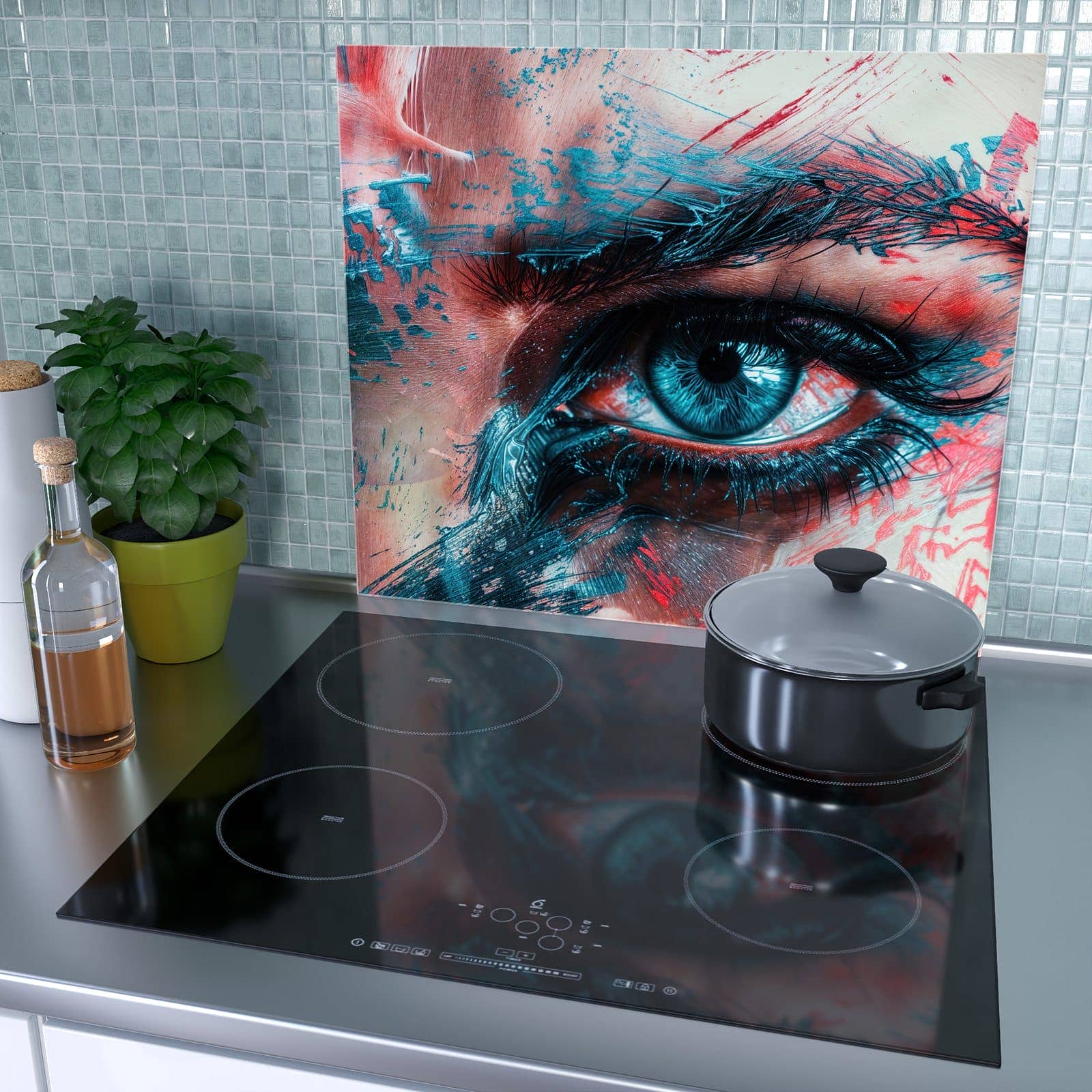 1-teilige Herdabdeckung für Induktionsfeld mit Kunstvolle Augen-Motiv als Spritzschutz hinter dem Kochfeld