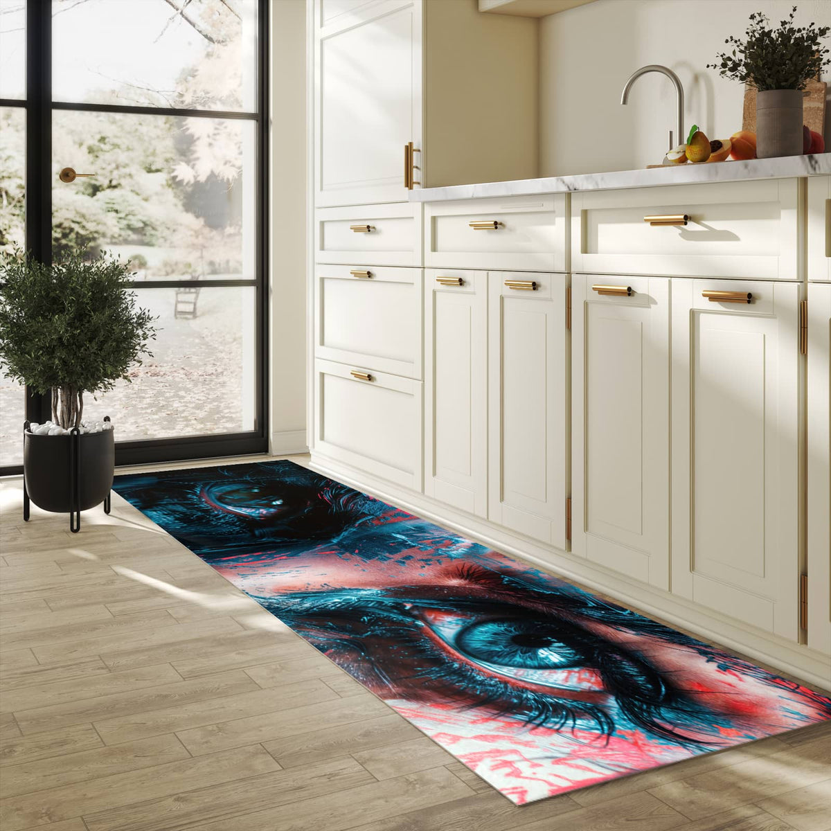 Fleckenresistenter waschbarer Teppich Küche mit Motiv Kunstvolle Augen in heller Küche