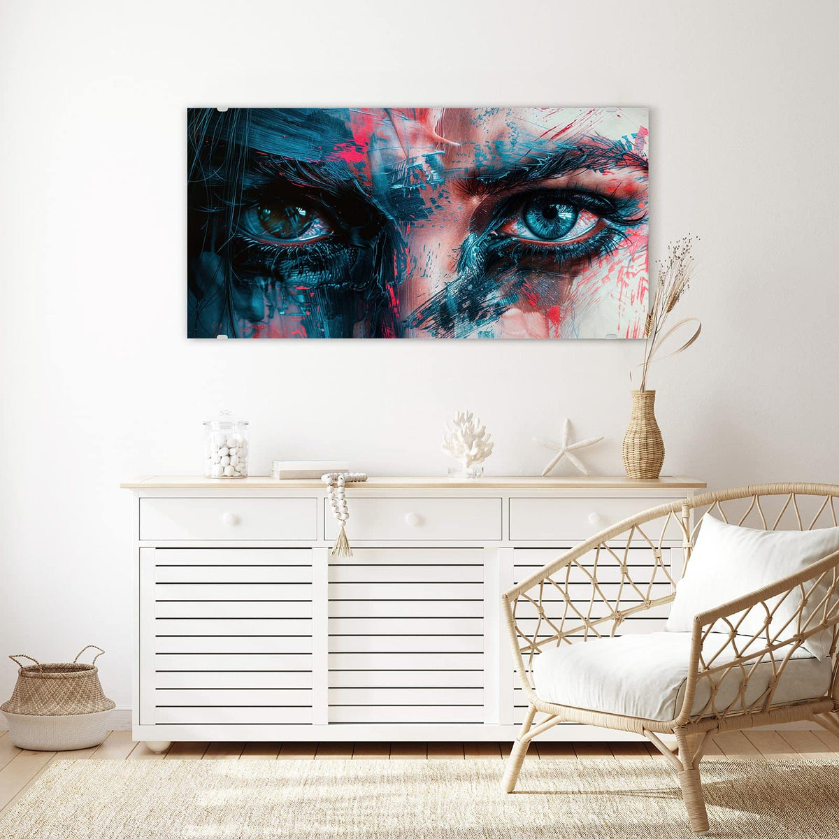 Echtglas, 4 mm – kein Acryl, keine Folie – Wandbild - Auge in Blau und Rot - Querformat