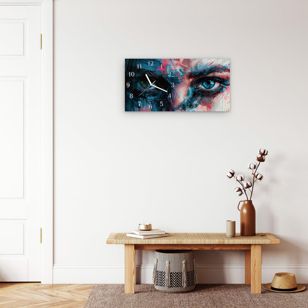 Moderne Wanduhr aus Glas mit Farbtiefe – Wanduhr Kunstvolle Augen aus Glas – Querformat 60 × 30 cm