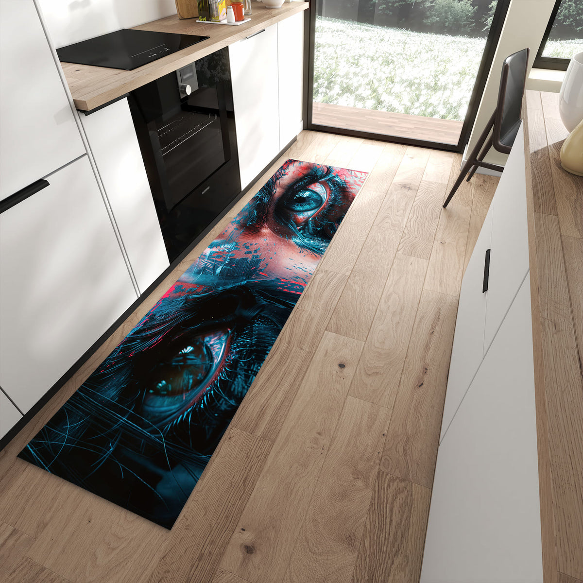 Komfortabler Küchenteppich mit Motiv Kunstvolle Augen in moderner Küche
