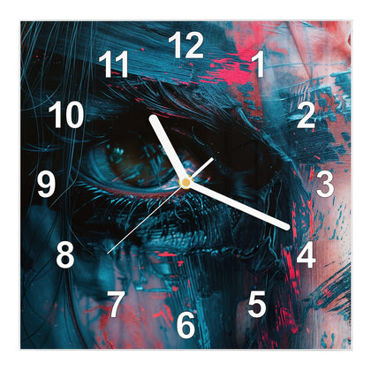 Wanduhr Quadratisch mit dem Motiv Auge in Blau und Rot
