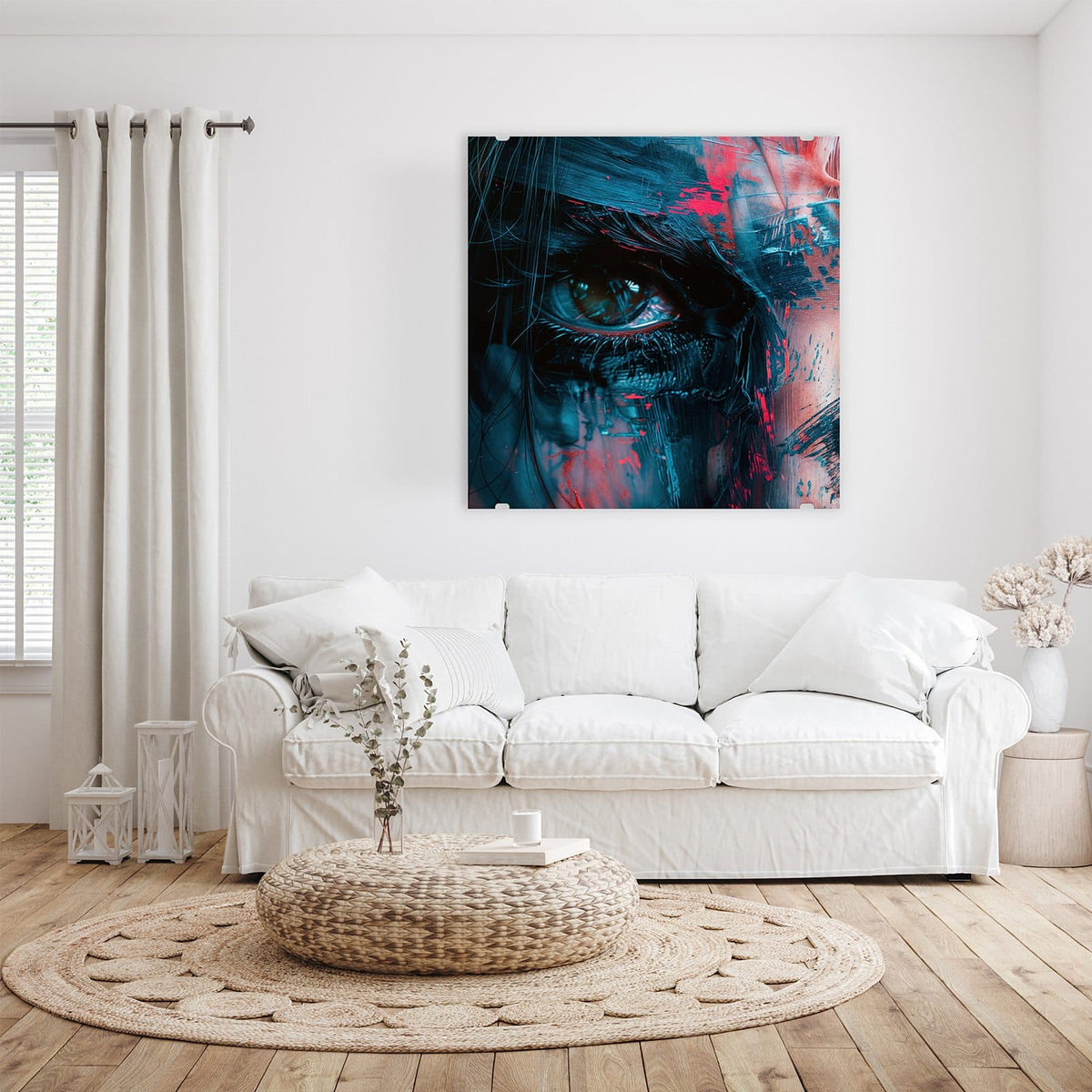 Glasbild Auge in Blau und Rot an der Wand – Dunkles Gesicht in Nahaufnahme, ein Auge frei, darüber blaue und rote Pinselstriche