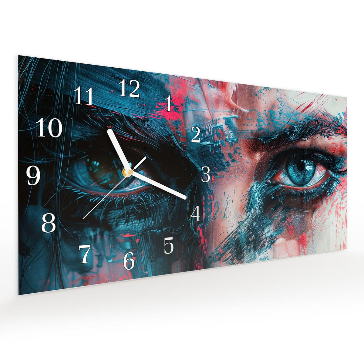 Vormontiert – mit Schwebeeffekt – Wanduhr Kunstvolle Augen aus Glas – Querformat 60 × 30 cm