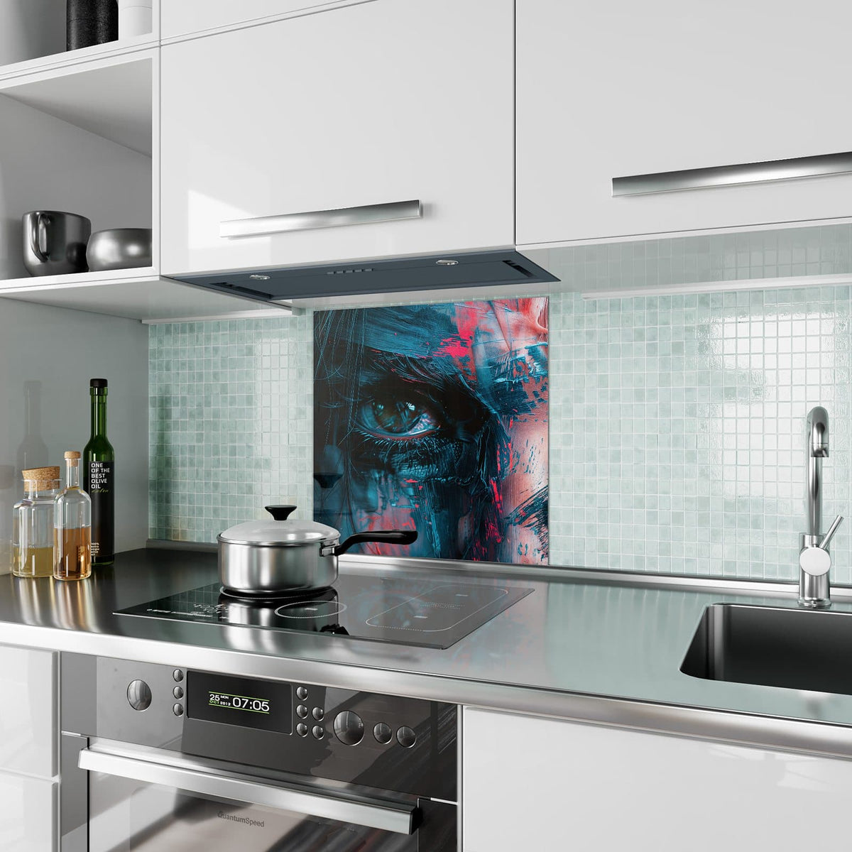 Küchenrückwand aus Glas Auge in Blau und Rot im quadratischen Format als Spritzschutz hinter dem Kochfeld, über dem Fliesenspiegel montiert