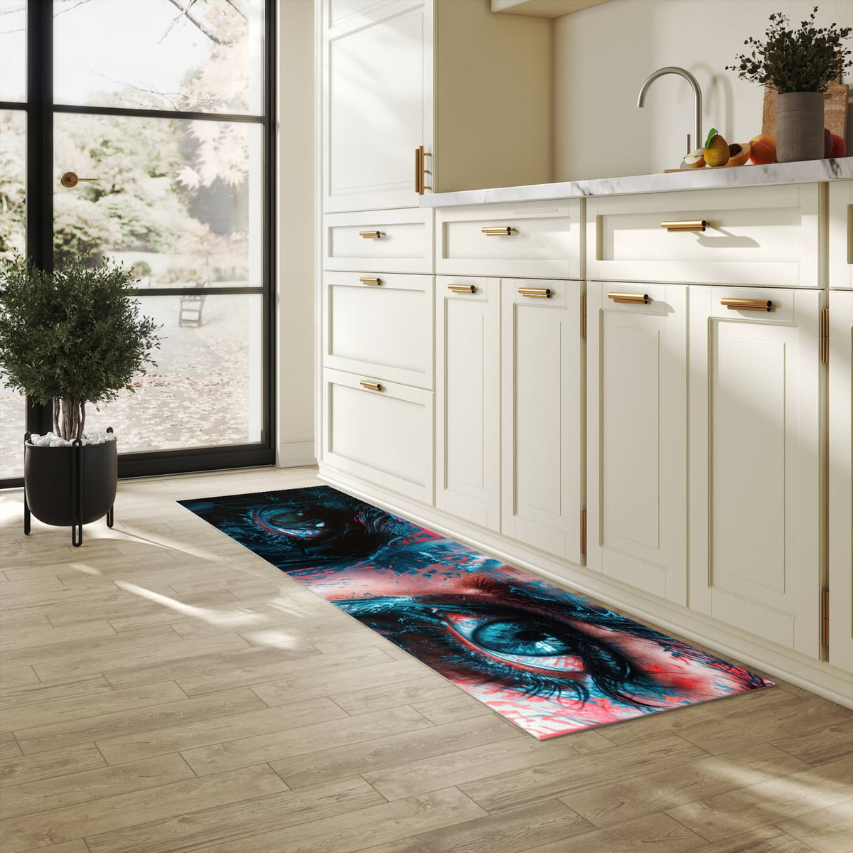 Waschbarer Küchenteppich mit Motiv Kunstvolle Augen in heller Küche