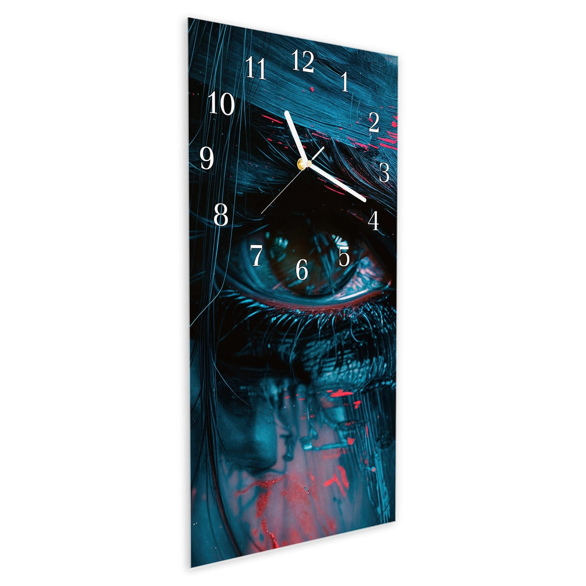 Vormontiert – mit Schwebeeffekt – Wanduhr Kunstvolle Augen aus Glas – Hochformat 30 × 60 cm