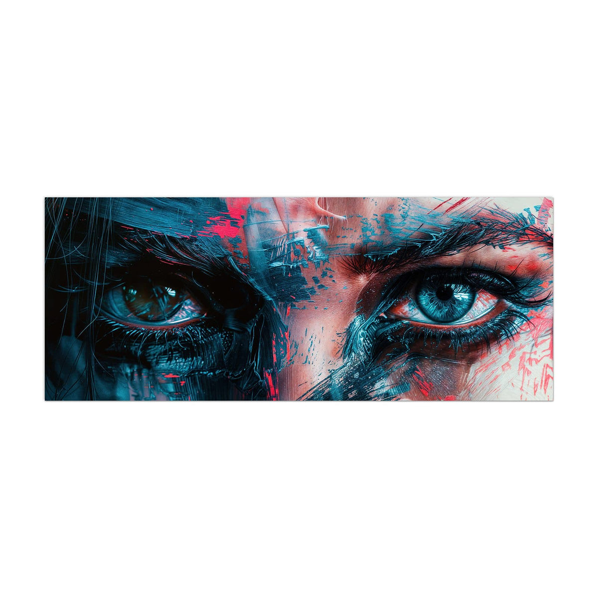 Küchenrückwand aus Glas Auge in Blau und Rot im Hochformat, Motiv bildfüllend von vorn