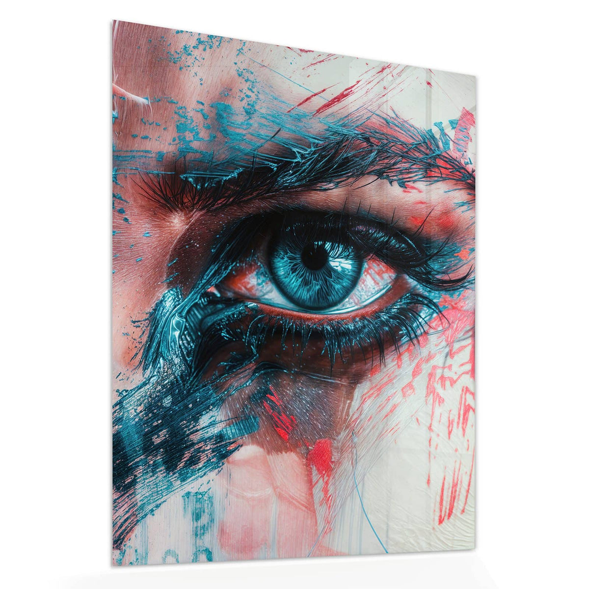 Echtglas, 4 mm – kein Acryl, keine Folie – Wandbild - Auge in Blau und Rot - Hochformat