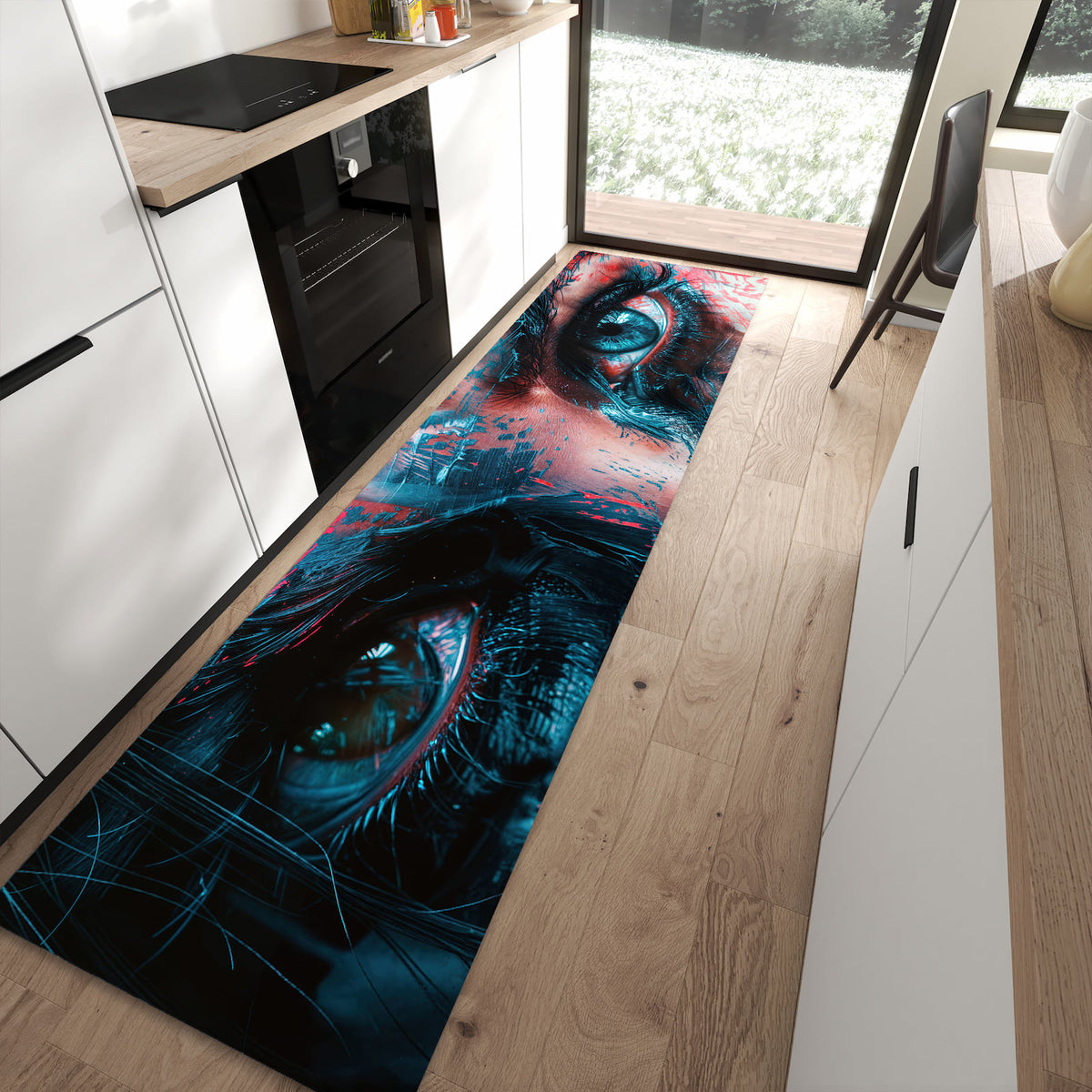 Langlebiger Küchenläufer mit Motiv Kunstvolle Augen in moderner Küche