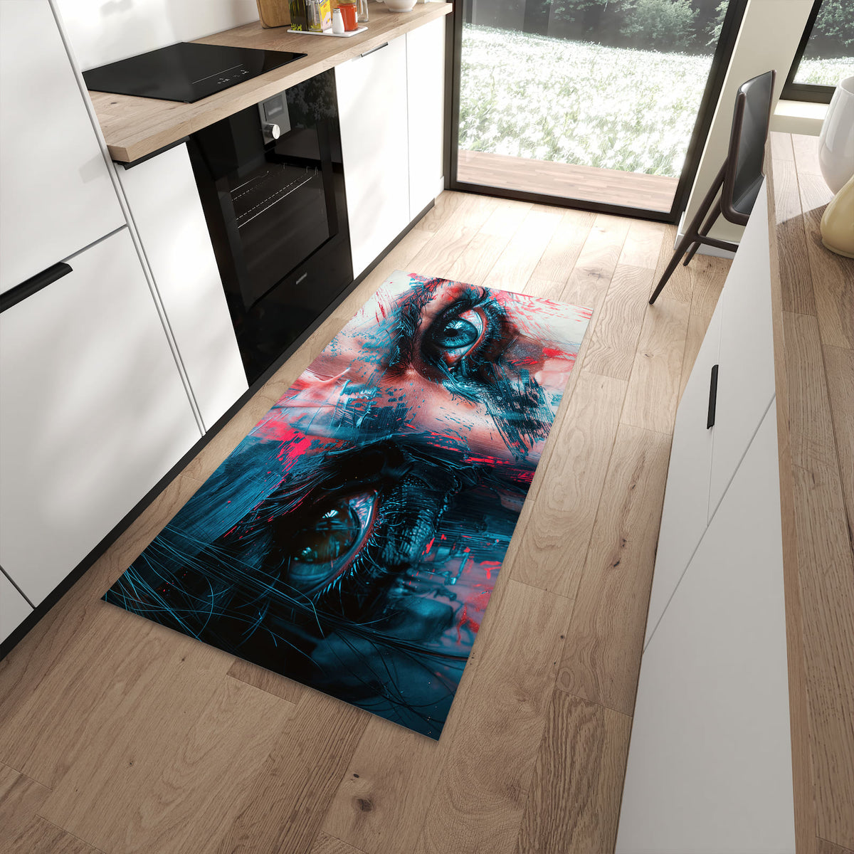 Rutschfester Küchenläufer mit Motiv Kunstvolle Augen in moderner Küche