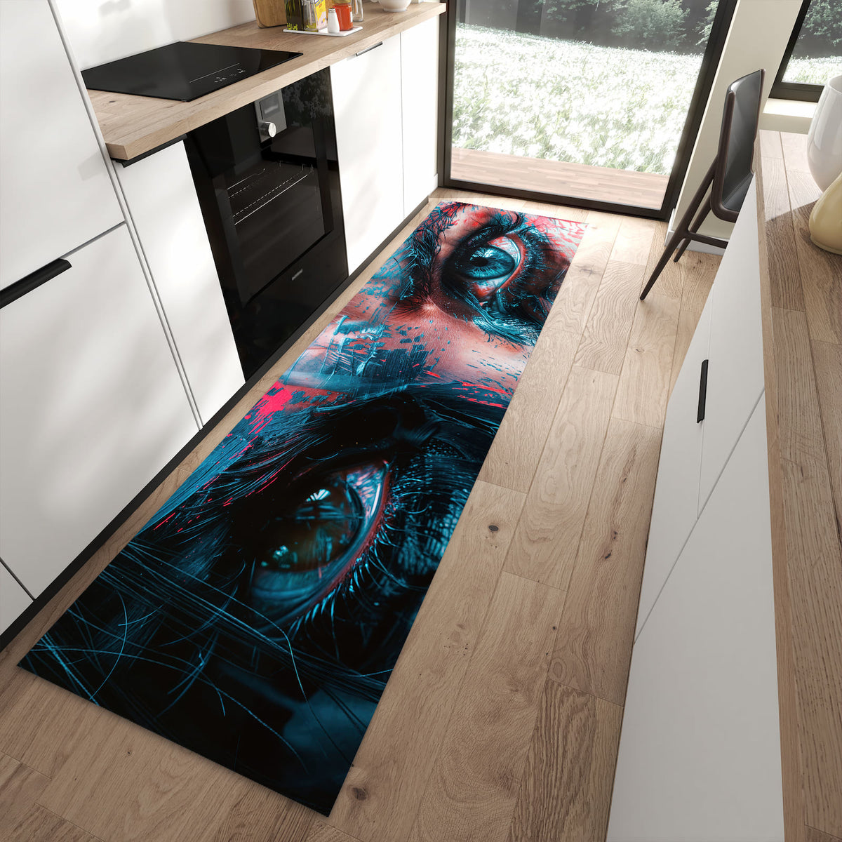 Waschbarer Küchenläufer mit Motiv Kunstvolle Augen in moderner Küche