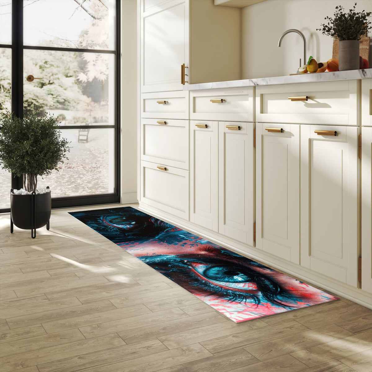 Langlebiger Küchenteppich mit Motiv Kunstvolle Augen in heller Küche