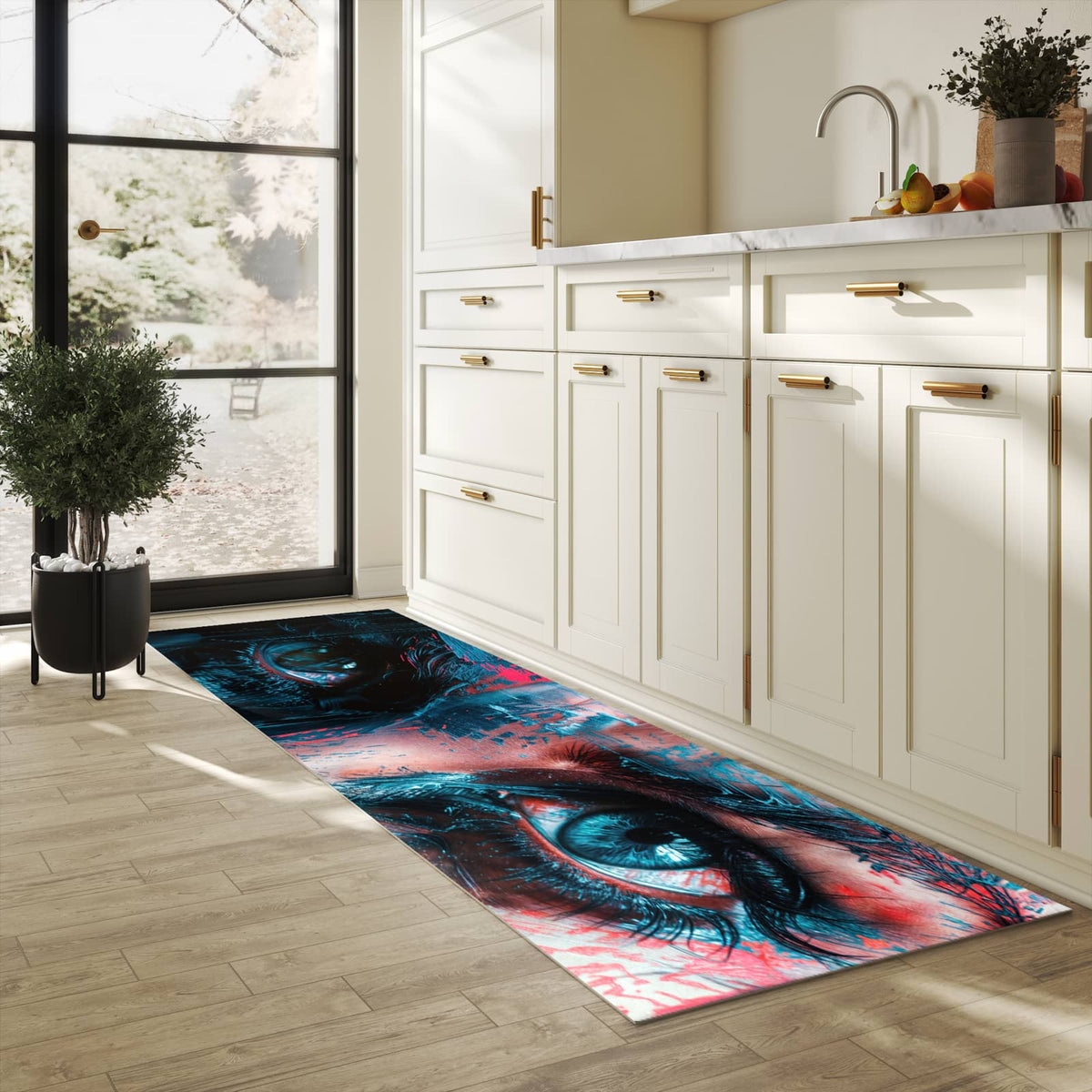 Wasserabweisender Küchenvorleger mit Motiv Kunstvolle Augen in heller Küche