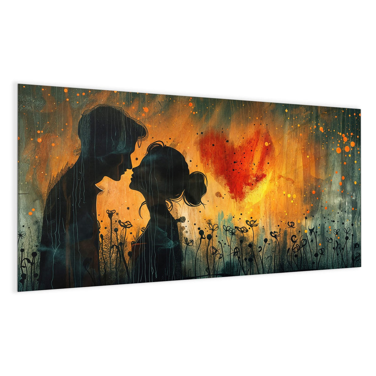 Silhouette eines Paares Stirn an Stirn vor orangem Grund, rechts ein rotes Herz, senkrechte Regenschlieren und Blumen im Vordergrund