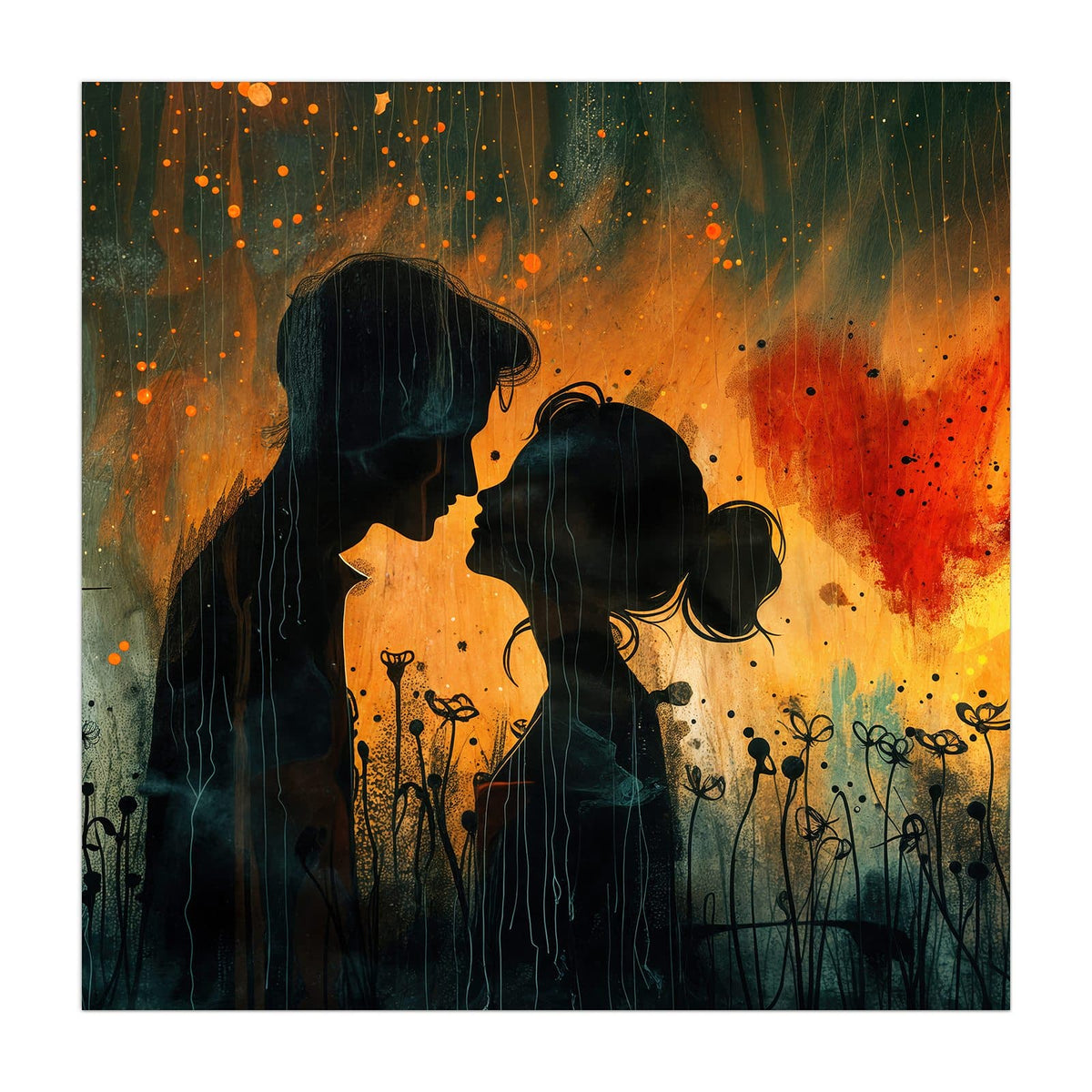 Silhouette eines Paares Stirn an Stirn vor orangem Grund, rechts ein rotes Herz, senkrechte Regenschlieren und Blumen im Vordergrund