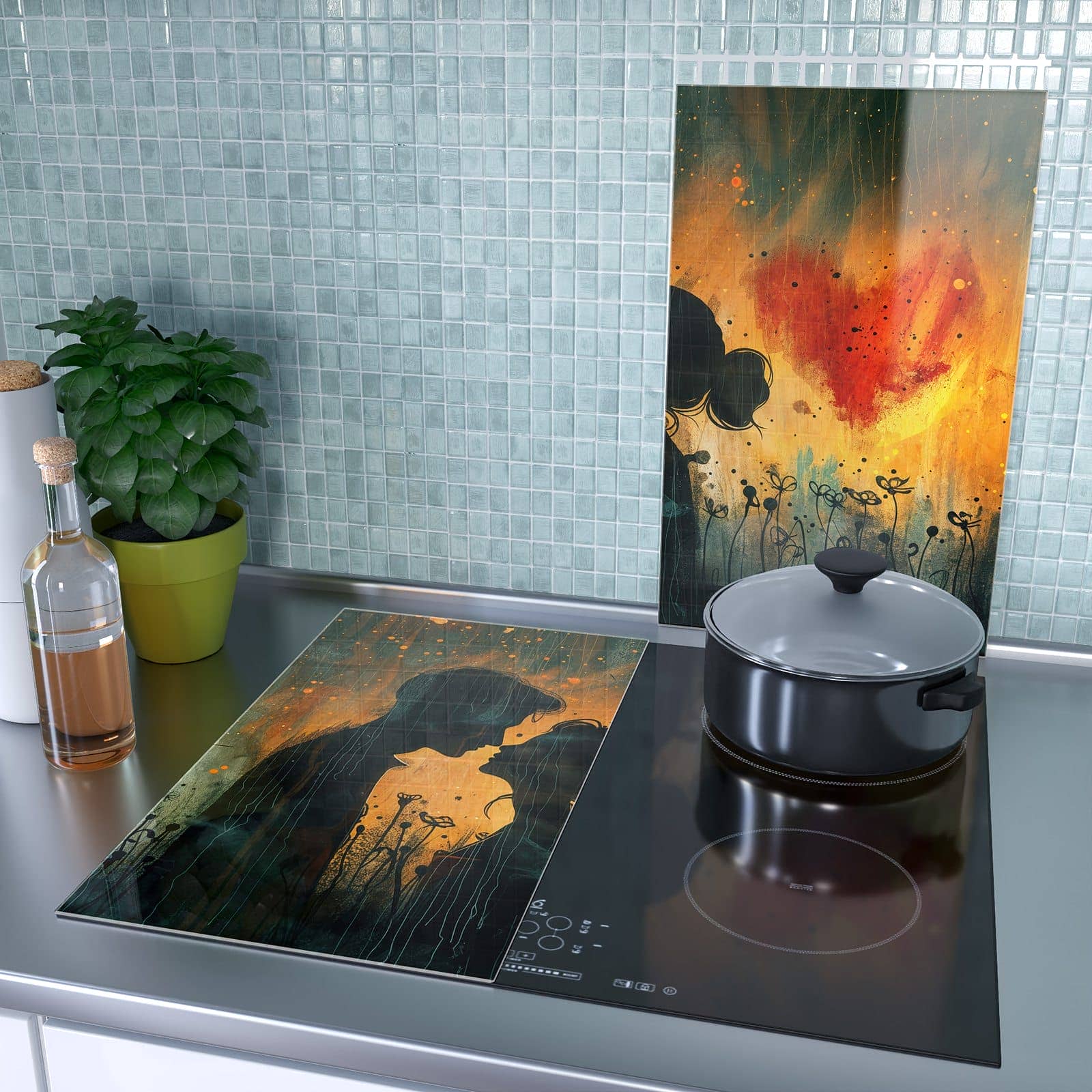 2-teilige Abdeckplatten Ceranfeld mit Liebespaar im Regen-Motiv als Spritzschutz hinter dem Kochfeld