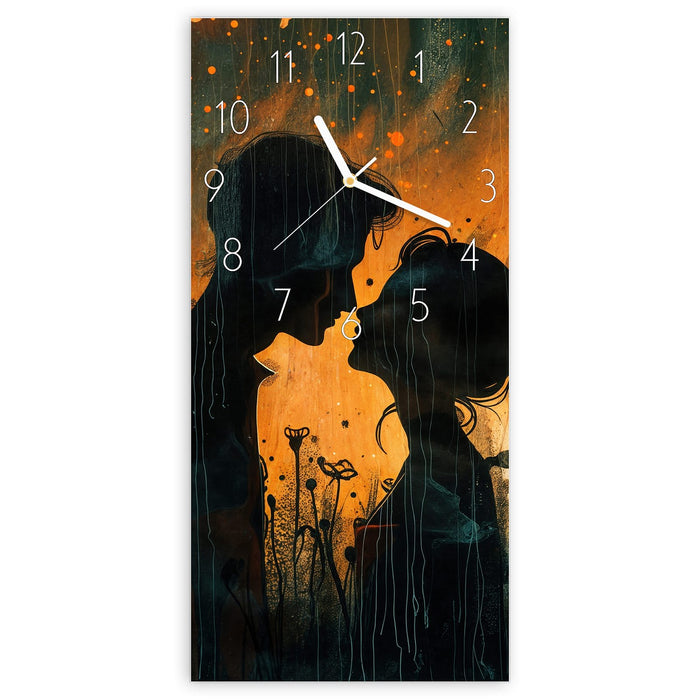 Wanduhr Liebespaar im Regen aus Glas – Hochformat 30 × 60 cm mit Ziffernblatt Elegant