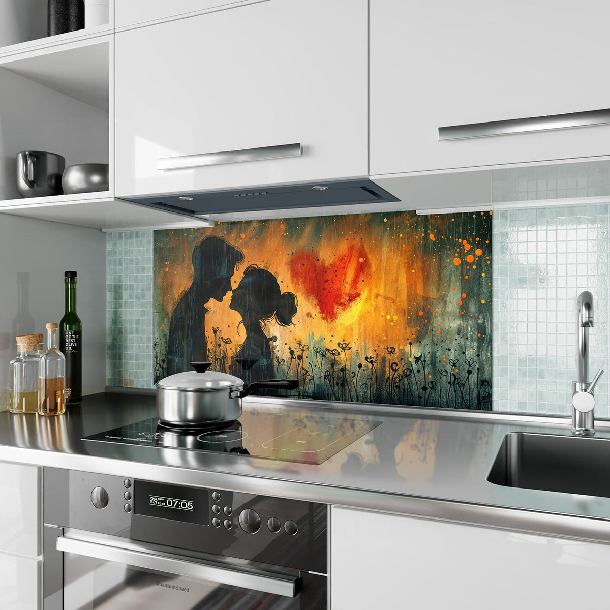 Küchenrückwand aus Glas Liebespaar mit Herz im Hochformat als Spritzschutz hinter dem Kochfeld, über dem Fliesenspiegel montiert