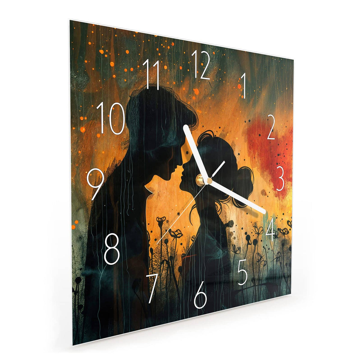 Quadratische Wanduhr aus Glas Liebespaar mit Herz schräg von der Seite, 4 mm starkes Glas