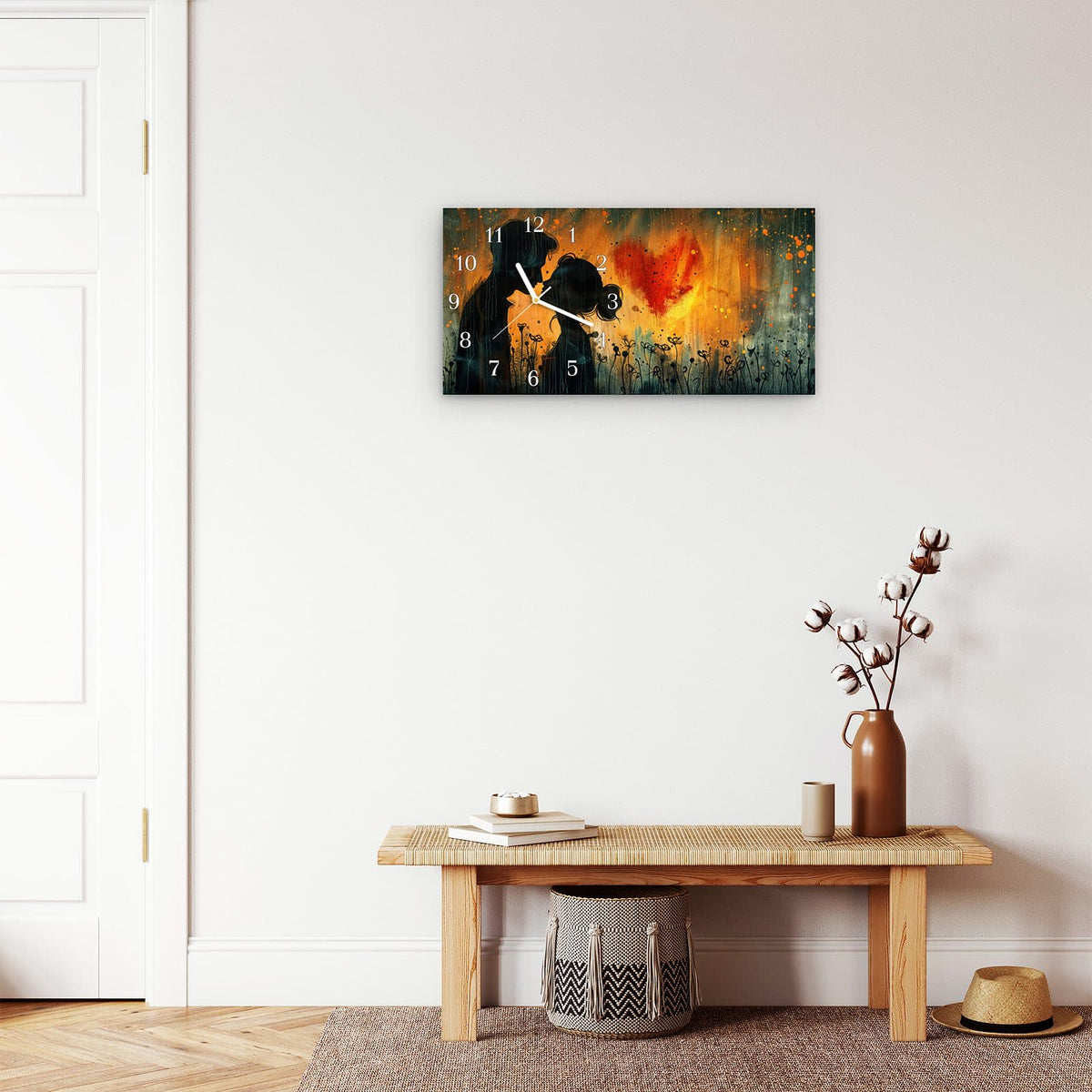 Moderne Wanduhr aus Glas mit Farbtiefe – Wanduhr Liebespaar im Regen aus Glas – Querformat 60 × 30 cm