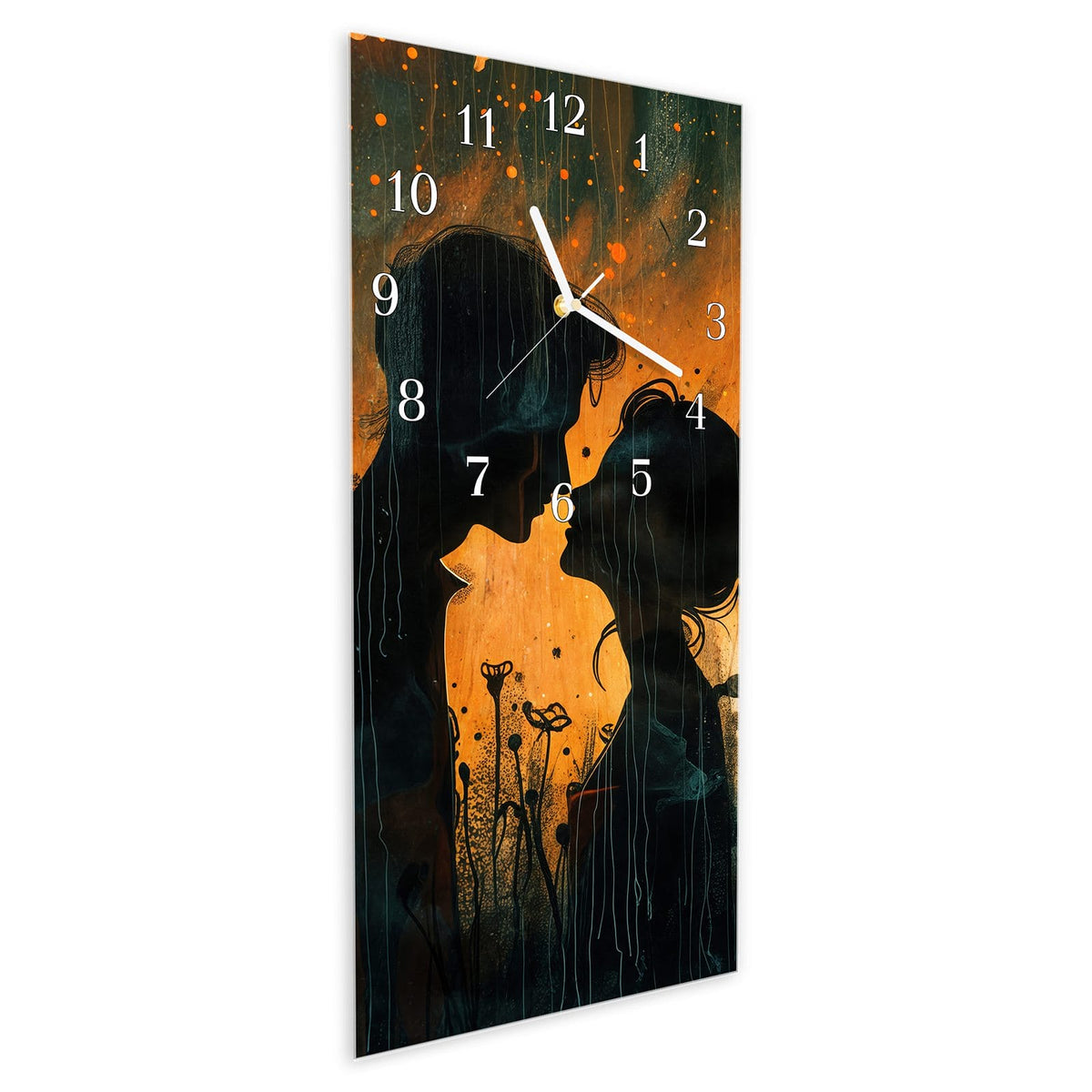 Vormontiert – mit Schwebeeffekt – Wanduhr Liebespaar im Regen aus Glas – Hochformat 30 × 60 cm